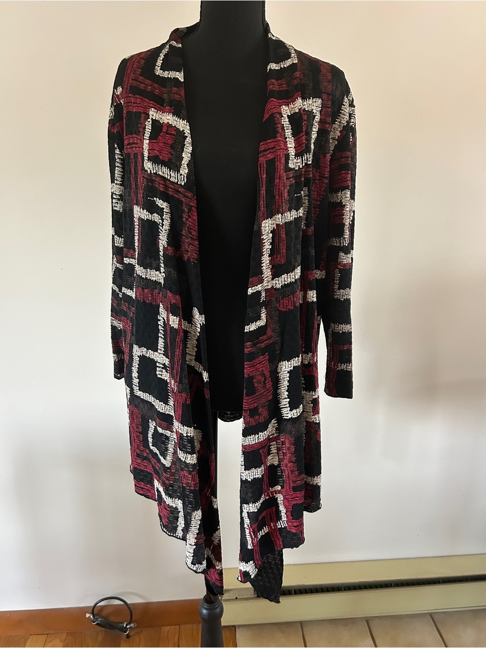 Chico's Open-Front Geometric Cardigan in Black, Burgundy & White